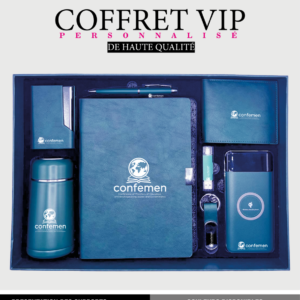 Coffret VIP personnalisé comprenant des objets promotionnels tels qu’un porte-carte, un bloc-notes, un stylo, un porte-clés, un mug isotherme, et une power bank, avec options de personnalisation aux couleurs de la marque.