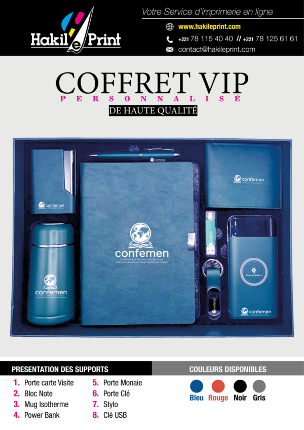 Coffret VIP personnalisé comprenant des objets promotionnels tels qu’un porte-carte, un bloc-notes, un stylo, un porte-clés, un mug isotherme, et une power bank, avec options de personnalisation aux couleurs de la marque.