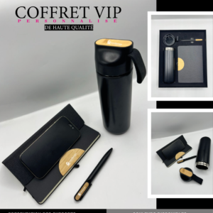 Coffret VIP personnalisé avec mug isotherme, bloc-notes, stylo et chargeur sans fil avec détails en bois, proposé par Hakil e-Print.