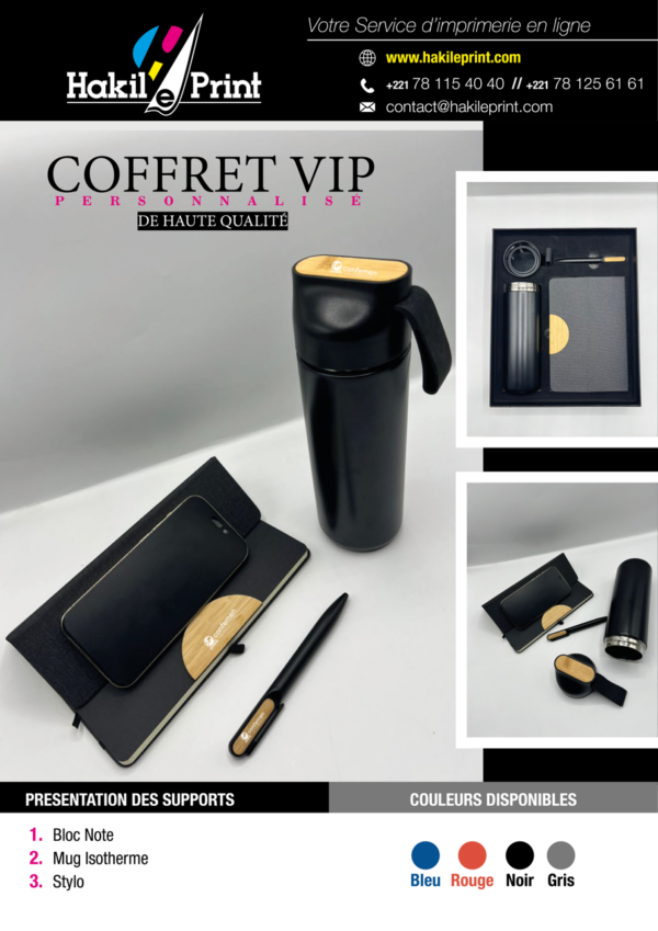 Coffret VIP personnalisé avec mug isotherme, bloc-notes, stylo et chargeur sans fil avec détails en bois, proposé par Hakil e-Print.