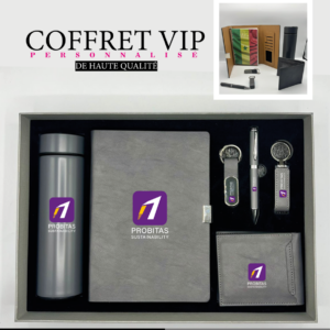 Coffret VIP personnalisé comprenant un agenda, un mug isotherme, un porte-monnaie, un stylo, une clé USB et un porte-clés, tous personnalisés au nom de l'entreprise Probitas Sustainability.