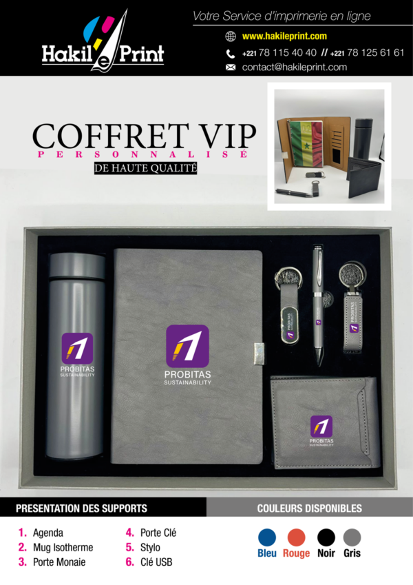 Coffret VIP personnalisé comprenant un agenda, un mug isotherme, un porte-monnaie, un stylo, une clé USB et un porte-clés, tous personnalisés au nom de l'entreprise Probitas Sustainability.