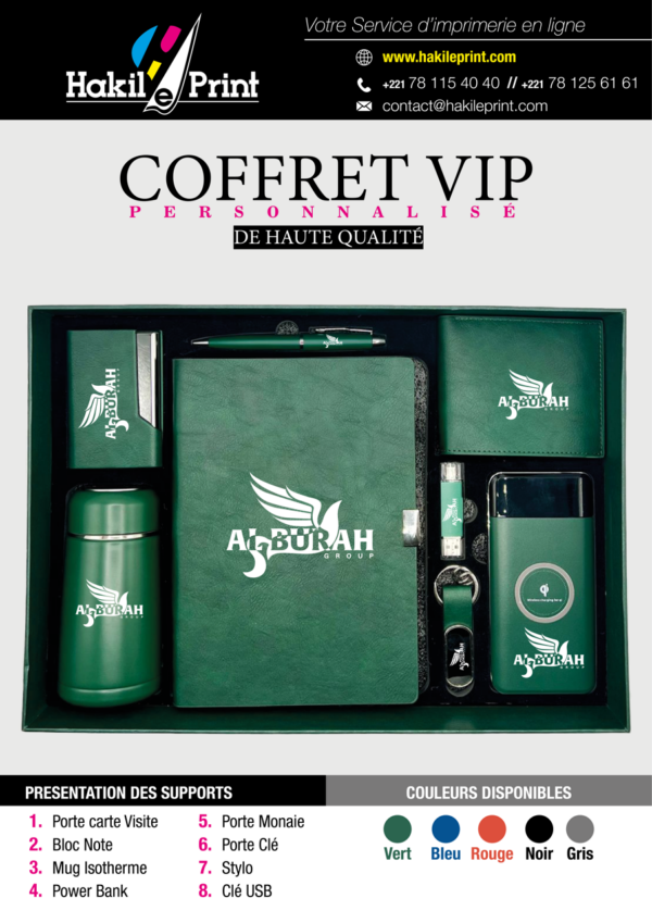 Coffret VIP personnalisé comprenant des objets promotionnels tels qu’un porte-carte, un bloc-notes, un stylo, un porte-clés, un mug isotherme, et une power bank, avec options de personnalisation aux couleurs de la marque.