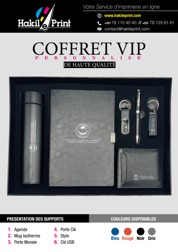 Coffret VIP personnalisé comprenant un agenda, un mug isotherme, un porte-monnaie, un stylo, une clé USB et un porte-clés, tous personnalisés au nom de l'entreprise Probitas Sustainability.