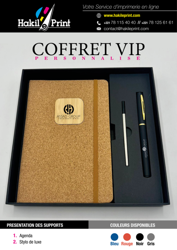 Coffret VIP personnalisé en liège et bois avec agenda et stylo de luxe logotypés.