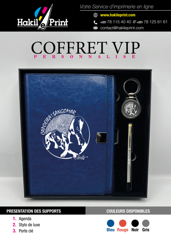 Coffret VIP personnalisé avec agenda, stylo de luxe et porte-clés logotypé.