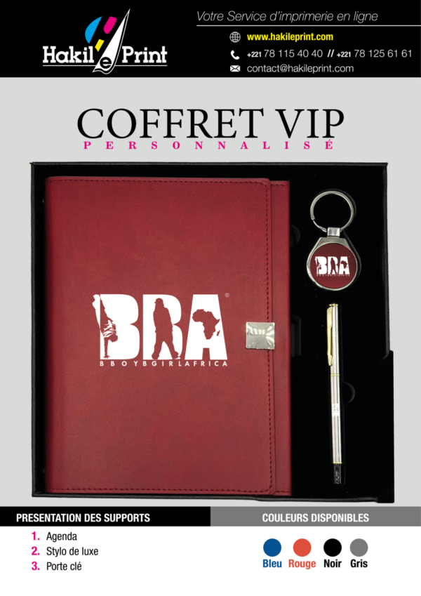 Coffret VIP personnalisé avec agenda, stylo de luxe et porte-clés logotypé.